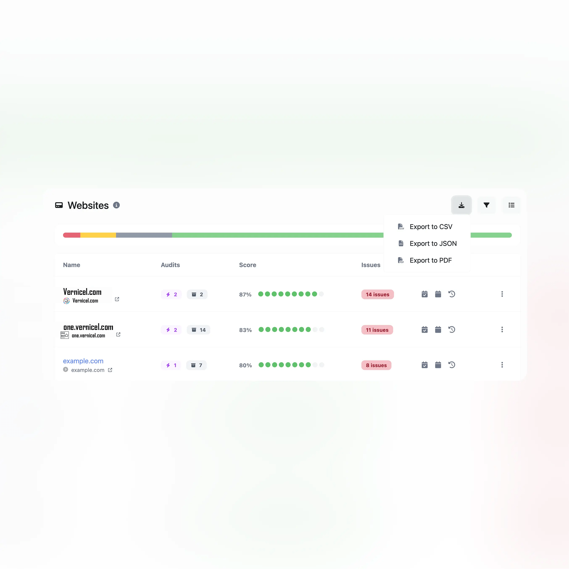 Screenshot of the app CSV, PDF, CSV exporting features